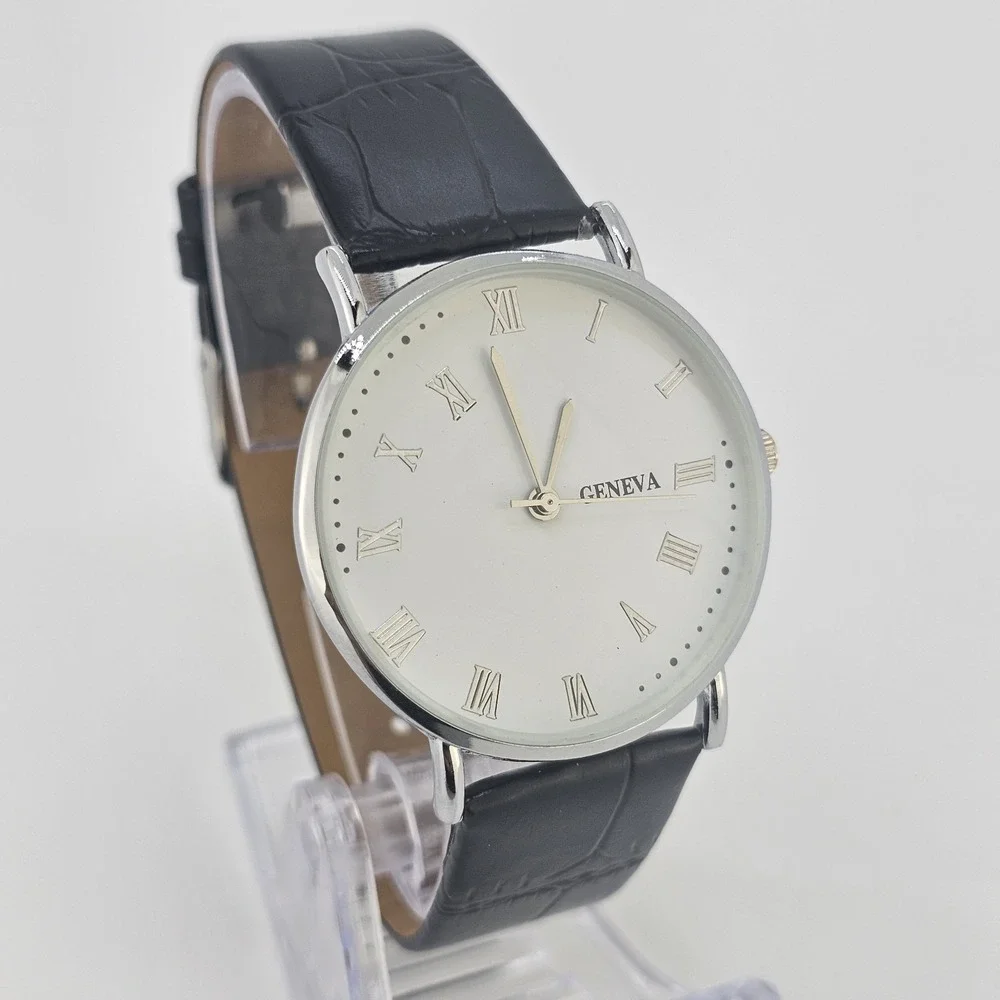 Men Analog Watch 38MM Roman Numerals White Dial Black Leather Bands New Battery